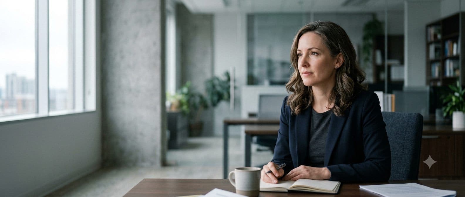 A woman at her desk beside a window, mid-thought, an open notebook in front of her.