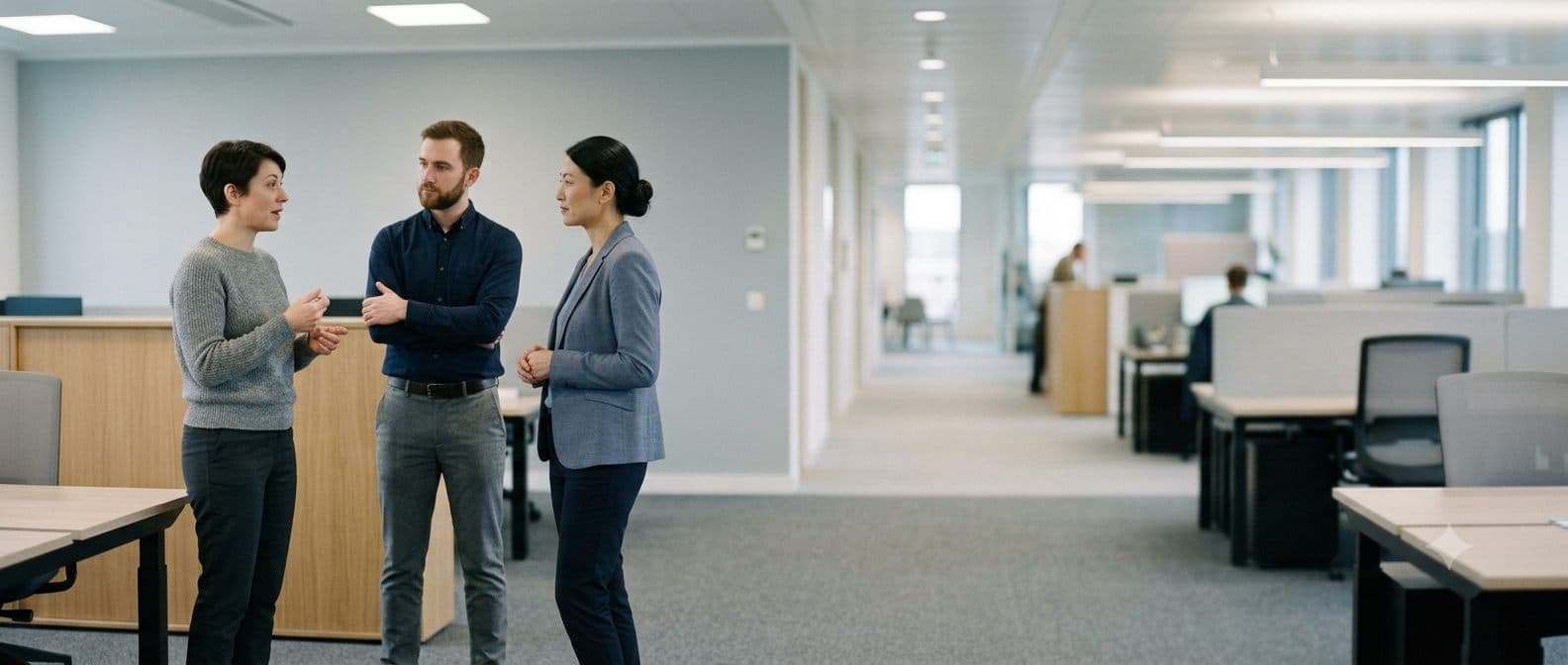 Three colleagues standing in an open-plan office in the middle of a working conversation.