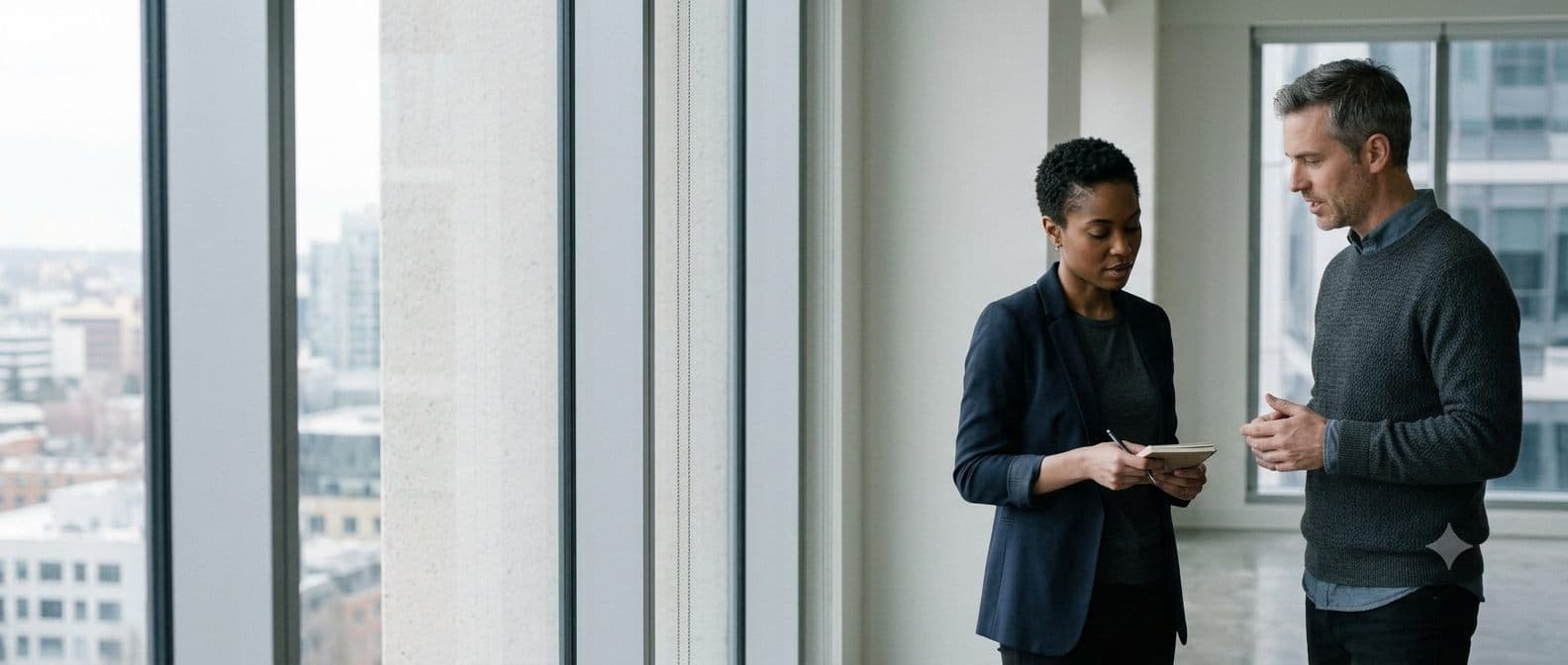 Two colleagues talking quietly beside a window, one taking notes.